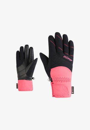 Schwarze und pinke Handschuhe mit einer wasserdichten Gore-Tex-Schicht, die eine strukturierte Handfläche, gesteppte Bündchen und ein Kontrastnähdetail aufweisen.