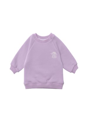 Lavender toddler sweatshirt with ribbed cuffs and hem, featuring a small white graphic of pancakes and the text "Yummy My Tummy" on the chest.