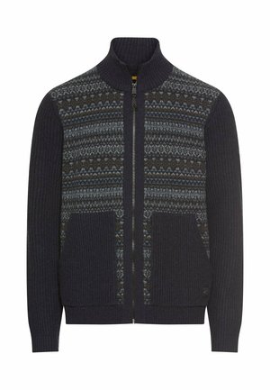 Mørkeblå lynlåse cardigan med ribbet tekstur, der har et mønstret bryst i blå og brune nuancer samt to frontlommer.