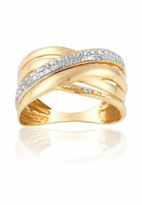 Gold ring with a crisscross design featuring a textured silver band inlaid with small diamonds across the top.