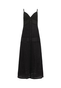 Black knee-length dress featuring adjustable spaghetti straps, detailed eyelet fabric, a fitted bodice, button front, and skirt with textured panels.