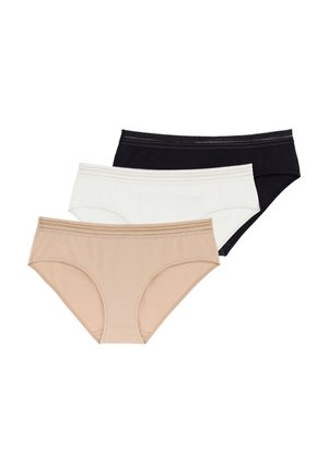 Drie paar damesonderbroeken in beige, wit en zwart, gemaakt van zachte stof met een gladde textuur en elastische taillebanden.