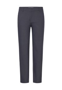 Dark gray tailored trousers with a smooth texture, slim fit design, flat front, and belt loops. No visible patterns or embellishments.