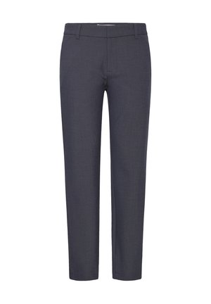 Pantalons taillés gris foncé avec une texture lisse, design ajusté, devant plat et passants de ceinture. Aucuns motifs ou embellissements visibles.