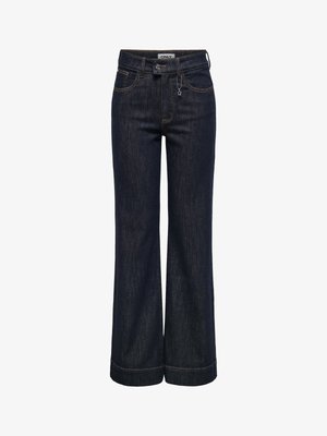 Granatowe szerokie spodnie dżinsowe z przodu zapinane na guziki i zamek błyskawiczny, z szlufkami na pasek, przednimi kieszeniami oraz zawieszką w kształcie gwiazdy na zamku.