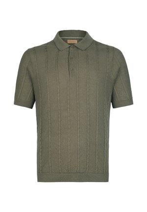 Kortærmet polo shirt i olivengrøn, med et tekstureret kabelstrik mønster, tre-knaps lukning og ribbet krave og manchetter.