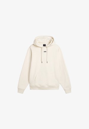 Kremowa bluza Vans z regulowanymi sznurkami, przednią kieszenią kangurką oraz małym czarnym logo Vans umieszczonym na środku poniżej linii szyi.