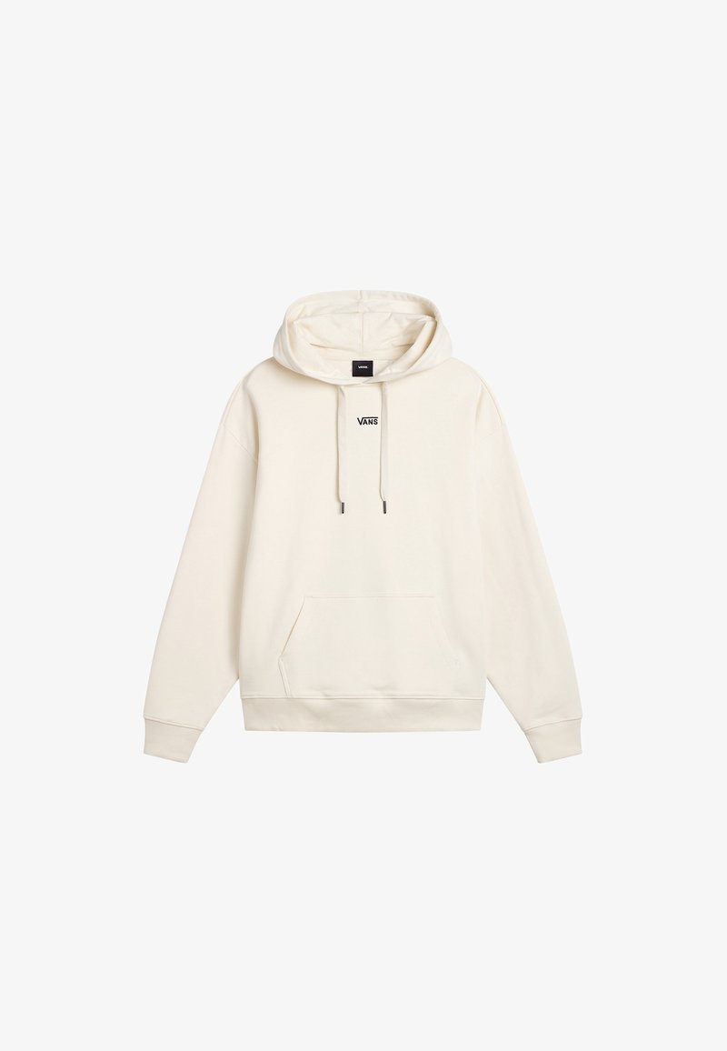 Sweat à capuche Vans couleur crème avec cordons réglables, poche kangourou avant et petit logo Vans noir centré sous l'encolure.