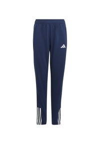 Navy athletic pants with an elastic waist, featuring white accent stripes at the hem and a white logo on the thigh. Smooth fabric texture.