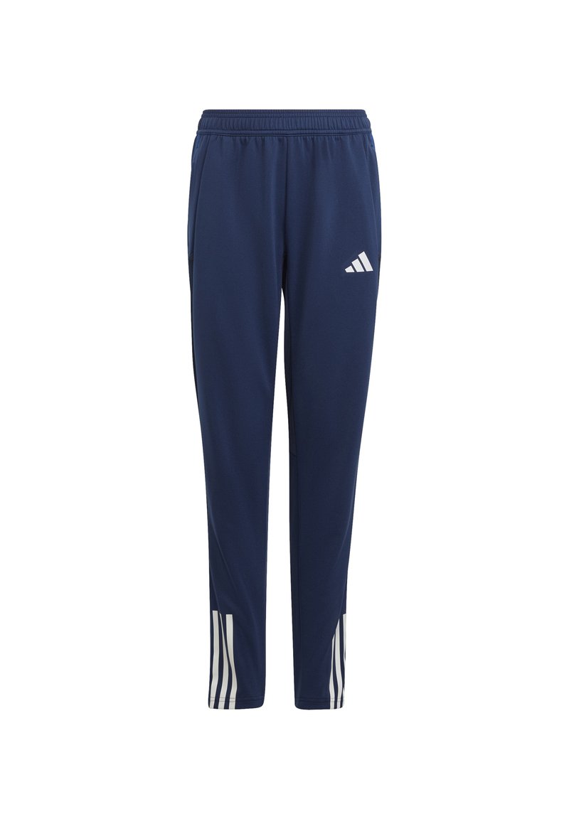 Navy athletic pants with an elastic waist, featuring white accent stripes at the hem and a white logo on the thigh. Smooth fabric texture.