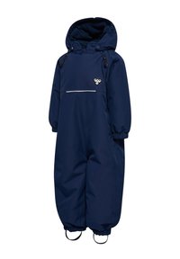 Marinblått vattentätt overall med huva, elastiska ärmslut, en framficka och reflexdetaljer. Tillverkad av slitstarkt tyg.