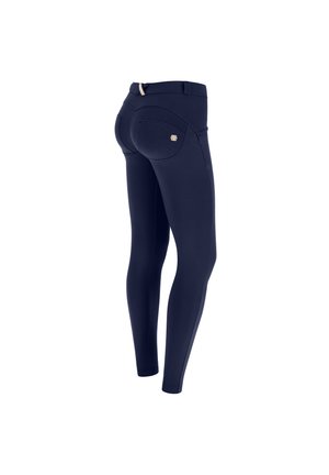 Leggings blu navy realizzati in materiale elasticizzato, dotati di tasche, vita alta e dettagli di cucitura, progettati per un aspetto aderente.