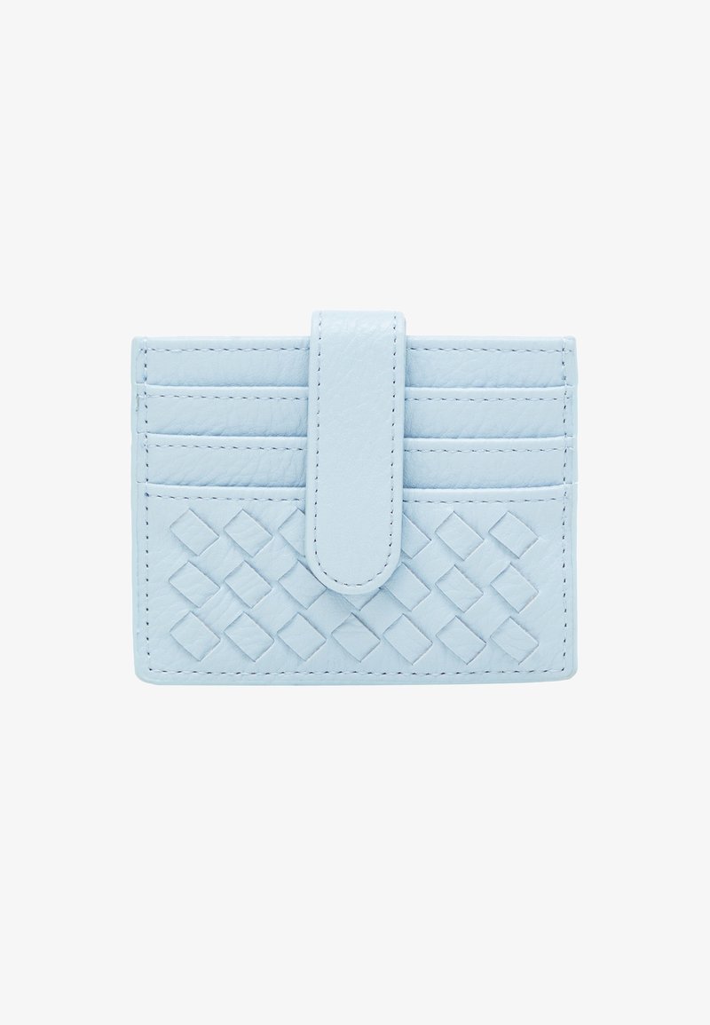 Light blue leather cardholder with woven pattern, multiple card slots, and a snap closure. Smooth texture and stitched edges.
