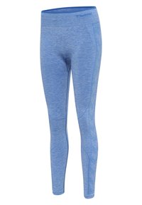 Light blue seamless leggings with subtle darker contour lines and the "hummel" logo on the waistband, featuring a slim fit design.