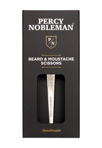 Ciseaux à barbe et moustache faits à la main en métal argenté, présentés dans une boîte noire avec du texte doré et un emblème.