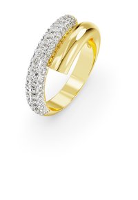 Gold ring featuring a curved band with a section encrusted in clear, shimmering crystals, showcasing a smooth shiny texture and modern design.