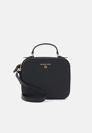 Black leather handbag with a rectangular shape, textured surface, top handle, and adjustable shoulder strap. Gold logo accent on the front.