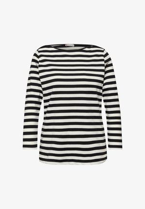 Schwarz-weiß gestreiftes langärmeliges Shirt mit Rundhalsausschnitt, flach liegend auf weißem Hintergrund.