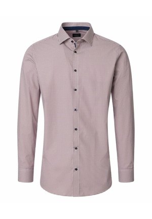 Męska koszula na guziki z długim rękawem, z małym geometrycznym wzorem w odcieniach fioletu i bieli, kołnierzem typu spread i ciemnymi guzikami.