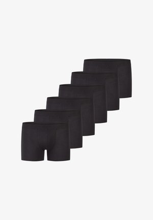 Boxer a slip neri, caratterizzati da un tessuto morbido, una cintura elastica e una vestibilità aderente. Sei paia esposti in fila senza motivi visibili.