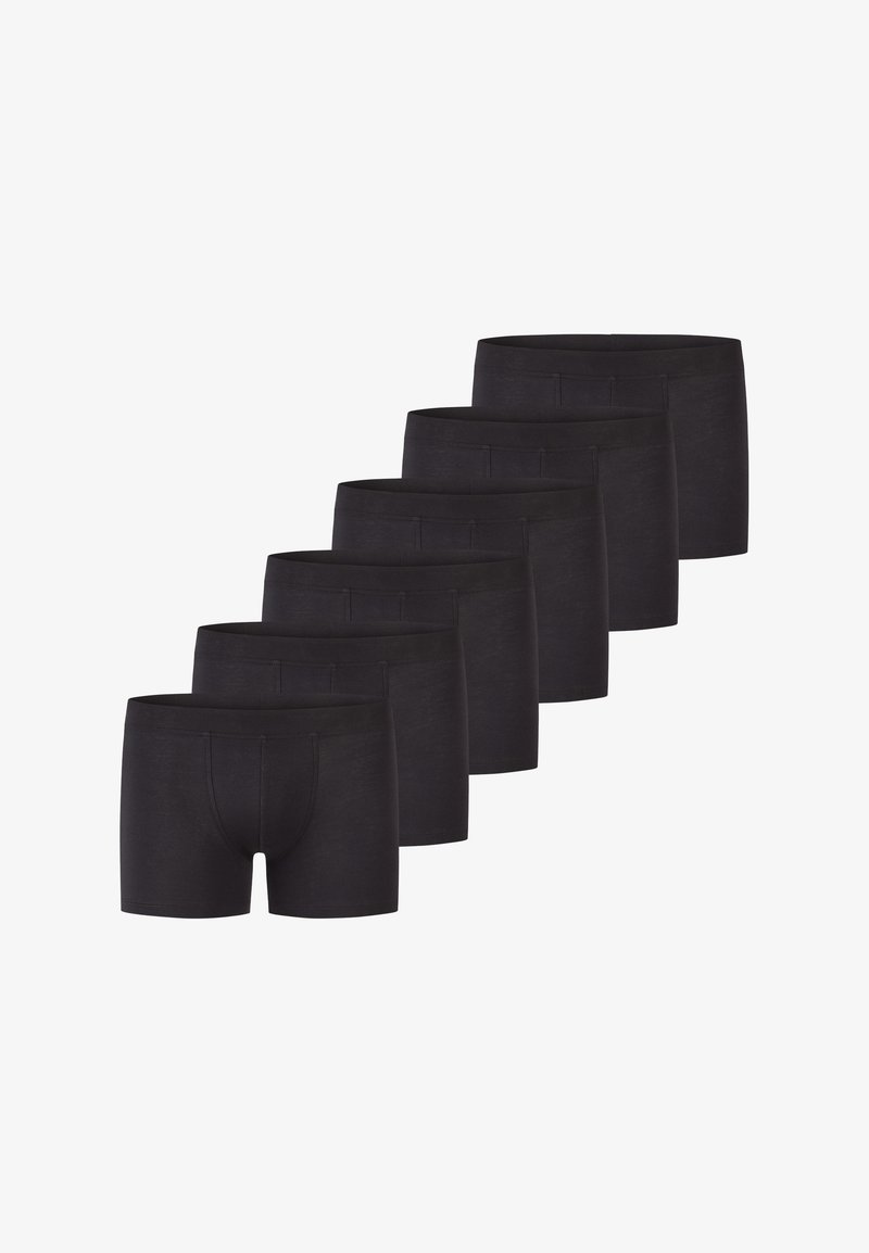 Schwarze Boxer-Brief, aus einem weichen Stoff, mit einem elastischen Bund und einer engen Passform. Sechs Paare in einer Reihe ohne sichtbare Muster angezeigt.