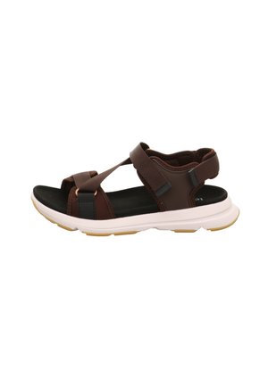 Braune synthetische Sandalen mit verstellbaren Riemen, einem gepolsterten schwarzen Fußbett und einer weißen Zwischensohle mit einer strukturierten Gummi-Außensohle.