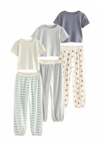 Five-piece sleepwear set featuring t-shirts in gray, cream, and blue, paired with pants in striped gray, solid gray, and teddy bear print.