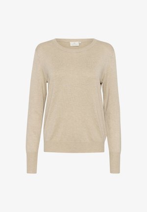 Pull beige en tricot doux, avec un col rond, des manches longues et une coupe décontractée. Texture unie sans motifs visibles.