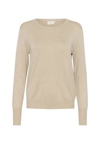 Beige sweater made of soft knit fabric, featuring a round neckline, long sleeves, and a relaxed fit. Plain texture with no visible patterns.