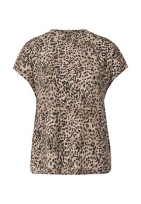 Blusa de manga corta con estampado de leopardo en una paleta de colores beige y negro, con cuello redondo y silueta relajada. Textura suave.