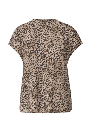 Blusa de manga corta con estampado de leopardo en una paleta de colores beige y negro, con cuello redondo y silueta relajada. Textura suave.