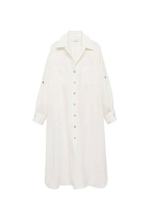Abito camicia bianco in tessuto leggero, con colletto, maniche lunghe, due taschini sul petto e bottoni in tonalità argento.