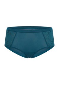Mutande seamless teal con pannelli laterali in pizzo trasparente e finitura liscia e opaca. Presenta una vita larga e una forma classica a slip.