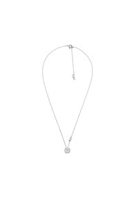 Silver necklace with a delicate chain, featuring a round pendant adorned with a sparkling stone and a leaf accent. Chain adjustable in length.