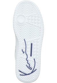 White sneaker sole with textured zigzag pattern, features a blue outline design. Circular traction pad and label detail on the side.