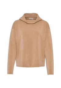 Maglione beige in tessuto morbido con collo a imbuto, spalle scese e maniche lunghe. Design semplice senza motivi o accenti.