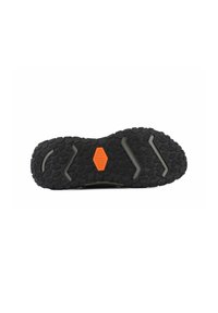 Sole běžecké obuvi na trail, s texturovanou černou gumou a drážkami, oranžovým hexagonálním akcentem a kombinací hexagonálních a lineárních vzorů.