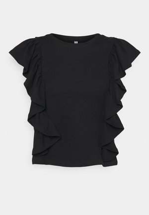 Blouse noire à manches courtes avec des volants superposés le long des côtés et un col rond.