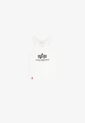 Witte katoenen tanktop met brede schouderbanden, voorzien van een grijze logoafbeelding van "ALPHA INDUSTRIES" en een rood label aan de zoom.