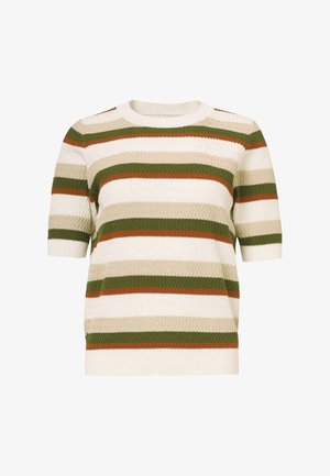 Gebreide trui met korte mouwen en getextureerde strepen in crème, olijfgroen, saliegroen en roest. Heeft een ronde hals en een geribbelde zoom.