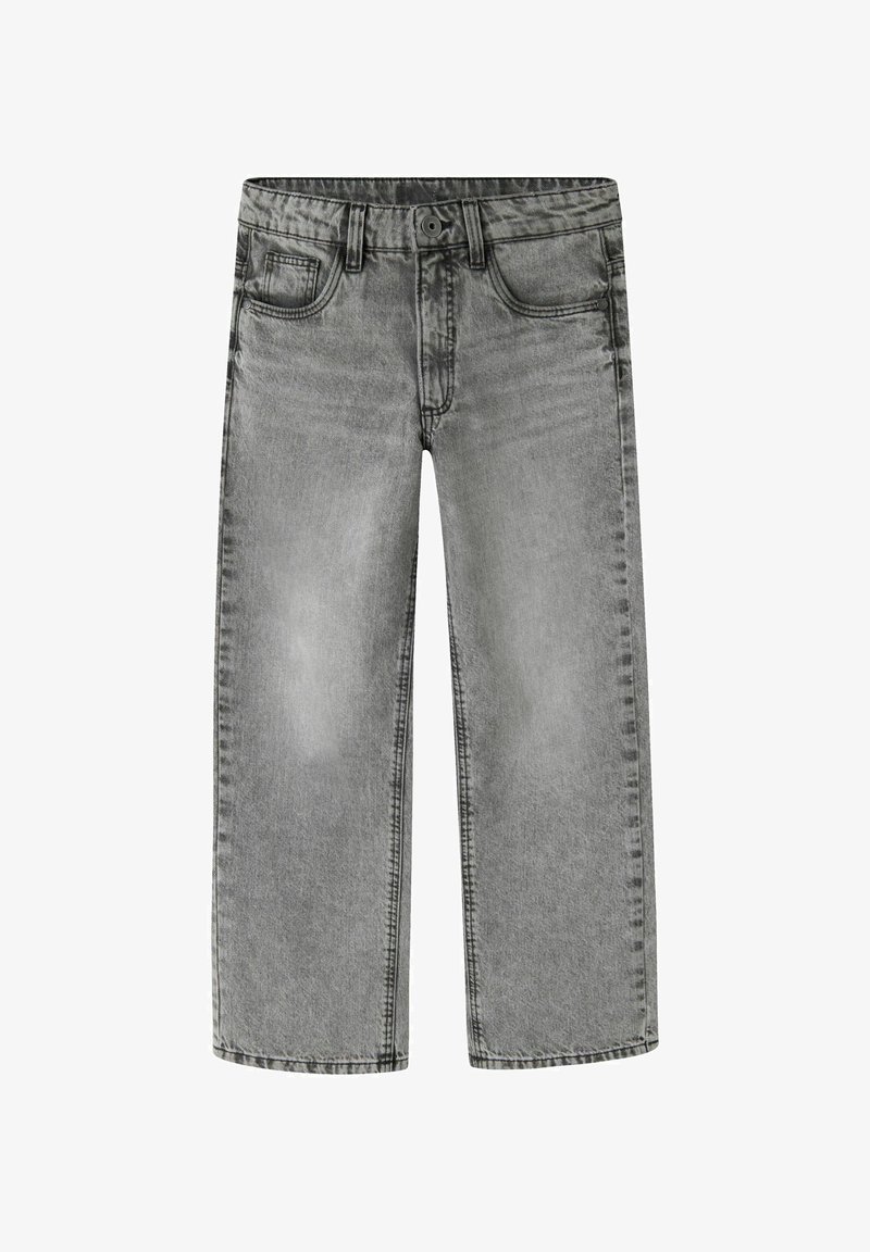 Jeans en denim gris avec une coupe décontractée et large. Comprend des poches avant, une fermeture à bouton et des détails de couture visibles.