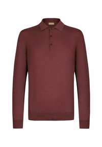 Burgundy långärmad polo t-shirt i mjukt tyg med klassisk krage och treknapplås; slät textur och figurnära design.