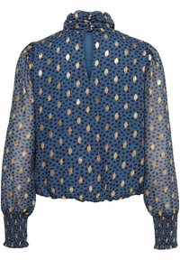Blaues transparents Oberteil mit goldenem und braunem Leopardenmuster, Rüschensaum am Hals und einem Schlüsselloch-Rücken. Verfügt über elastische Bündchen und eine geraffte Taille.