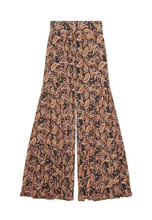 Pantalones acampanados en tejido negro, con un patrón de paisley multicolor. El diseño tiene una textura suave y una silueta de pierna ancha.