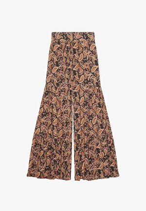 Pantalones acampanados en tejido negro, con un patrón de paisley multicolor. El diseño tiene una textura suave y una silueta de pierna ancha.