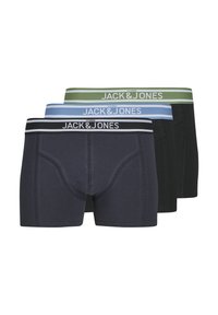 Drie paren JACK & JONES boxershorts: donker marineblauw, groen en zwart; elk met een contrasterende tailleband waarop de merknaam in het wit staat.
