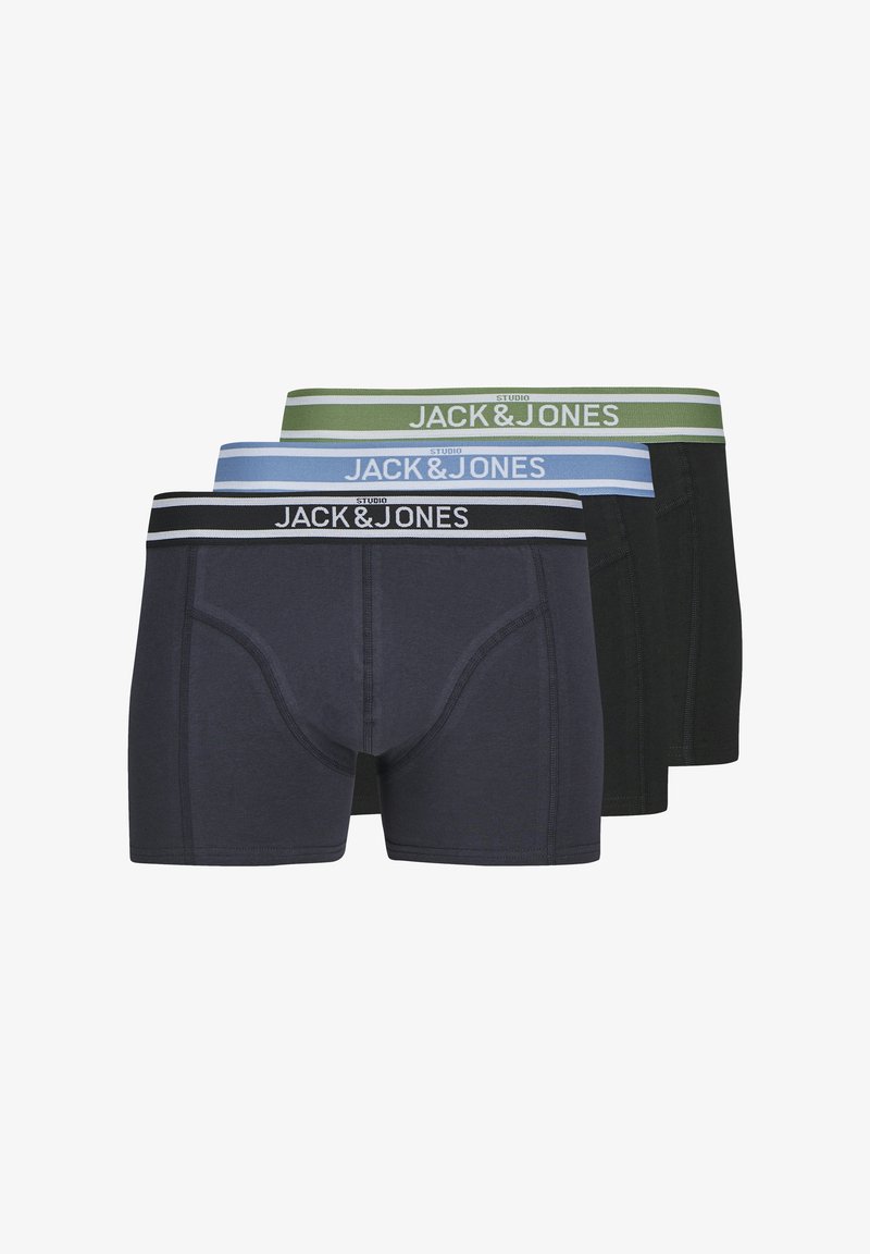 Three pairs of JACK & JONES boxer shorts: dark navy, green, and black; each with a contrasting waistband featuring the brand name in white.