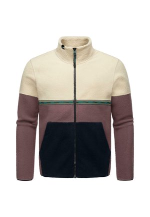 Fleecejacke mit einem cremefarbenen oberen Teil, mauvefarbenen Mittelteil und navyblauen Taschen. Reißverschluss vorne mit einem blau-grünen gestreiften Akzent. Gemütliche Textur.