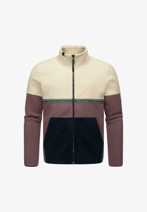 Fleecejakke med kremfarget overdel, mauve midtdel og marineblå lommer. Glidelås foran med blå og grønn stripete detalj. Behagelig tekstur.