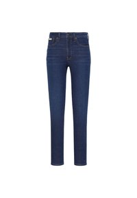 Blugi de culoare albastru închis din denim, cu croială slim, design cu cinci buzunare, închidere frontală cu nasturi și cusături subtile de culoare portocalie.